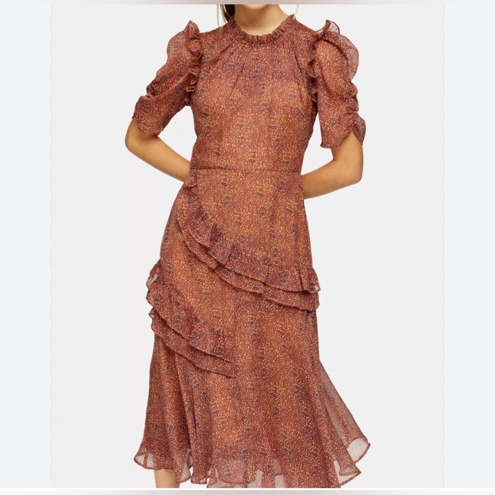 Ruffle Dress In Orange Navy leopard Print